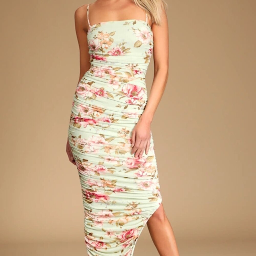Stun and Only Sage Floral Print Ruched Mesh Bodycon Midi Dress